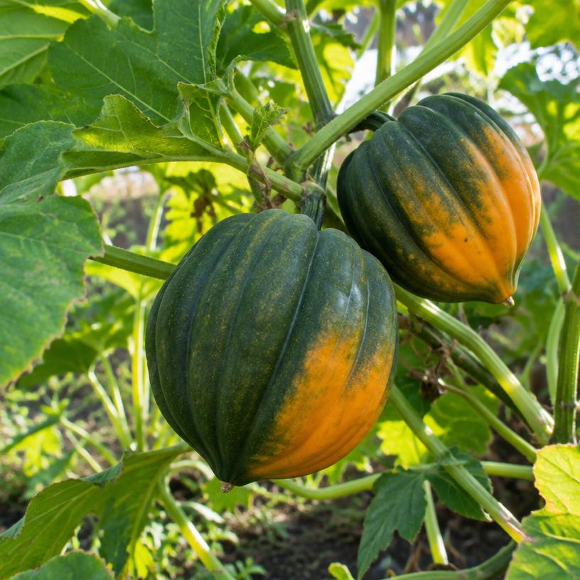 Acorn Squash growing in a garden (AI-generated illustration)