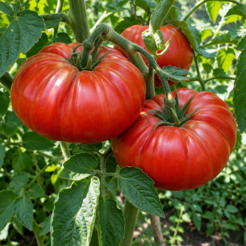 Beefsteak Tomato growing in a garden (AI-generated illustration)