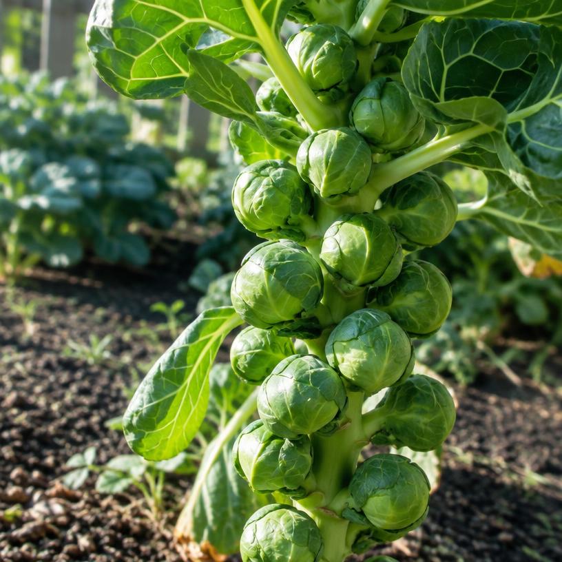 Brussels Sprouts growing in a garden (AI-generated illustration)