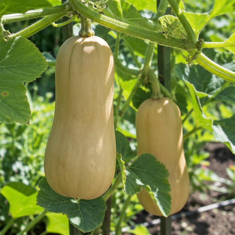 Butternut Squash growing in a garden (AI-generated illustration)
