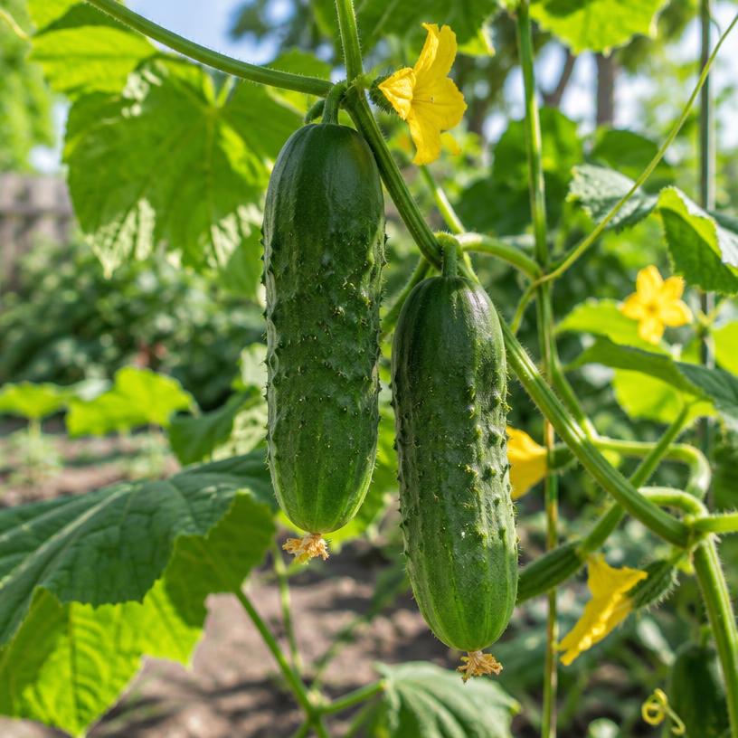 Cucumber growing in a garden (AI-generated illustration)