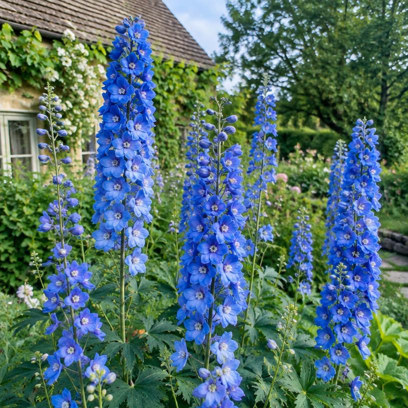 Delphinium growing in a garden (AI-generated illustration)