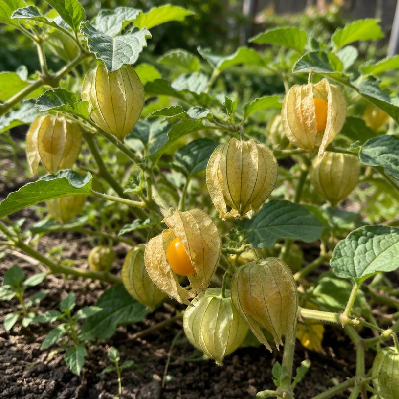 Ground Cherry growing in a garden (AI-generated illustration)
