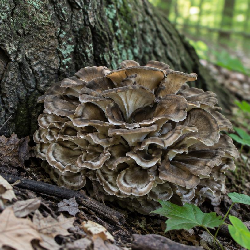 Hen of the Woods (Maitake) growing in a garden (AI-generated illustration)