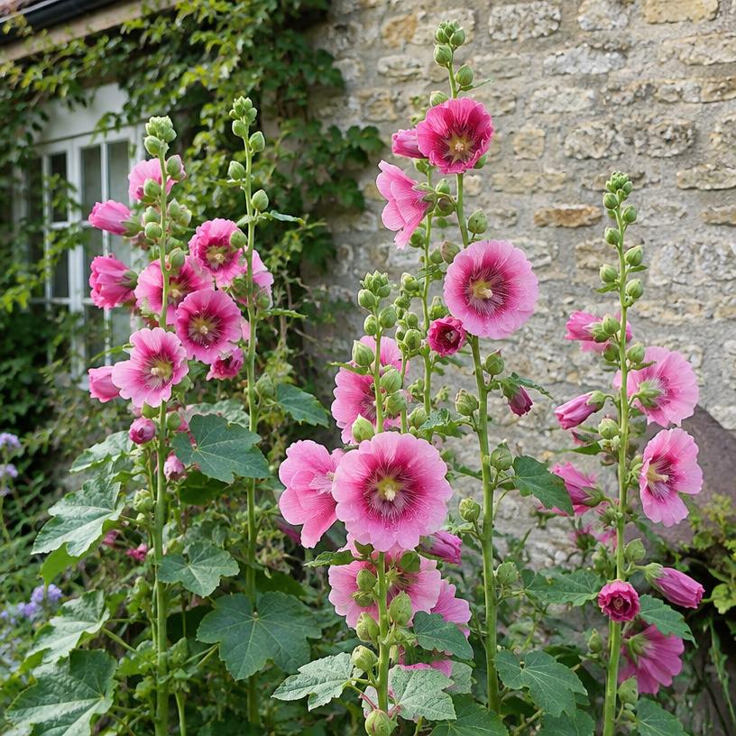 Hollyhock growing in a garden (AI-generated illustration)