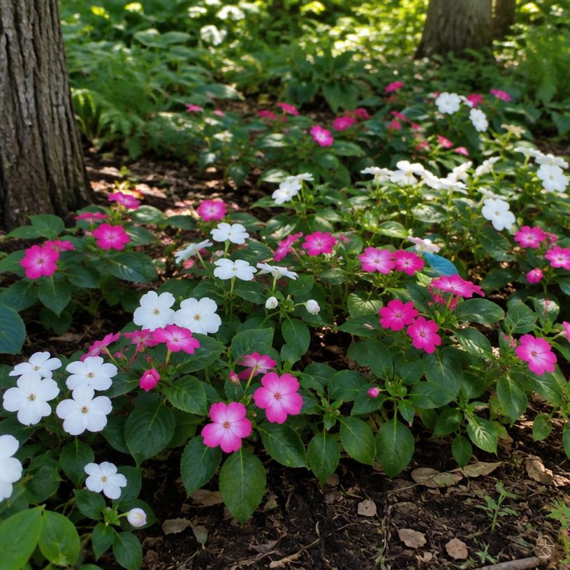 Impatiens growing in a garden (AI-generated illustration)
