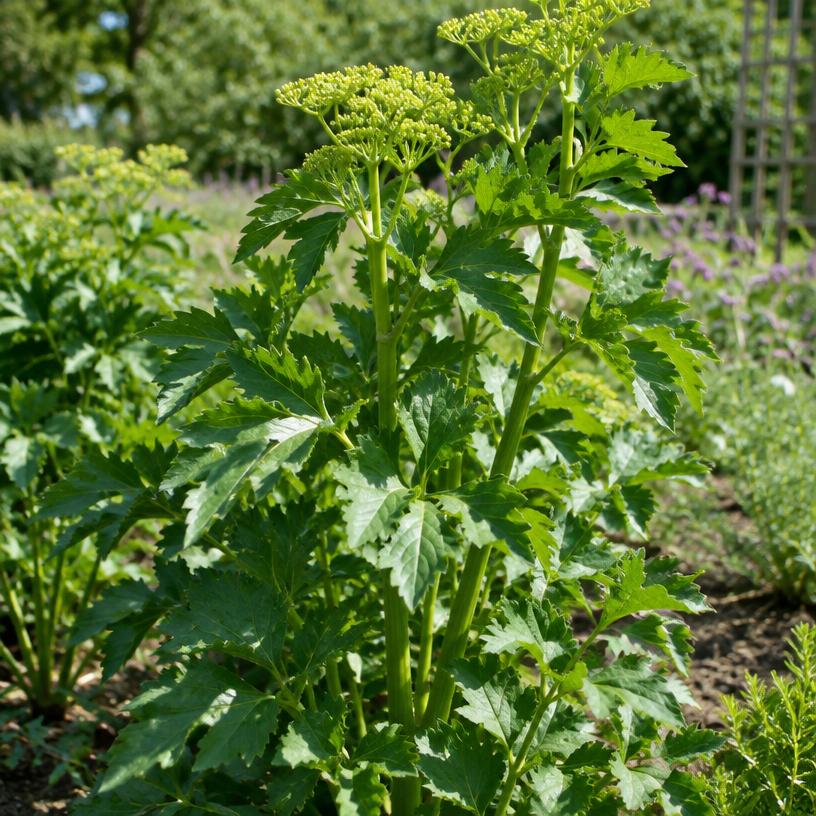 Lovage growing in a garden (AI-generated illustration)