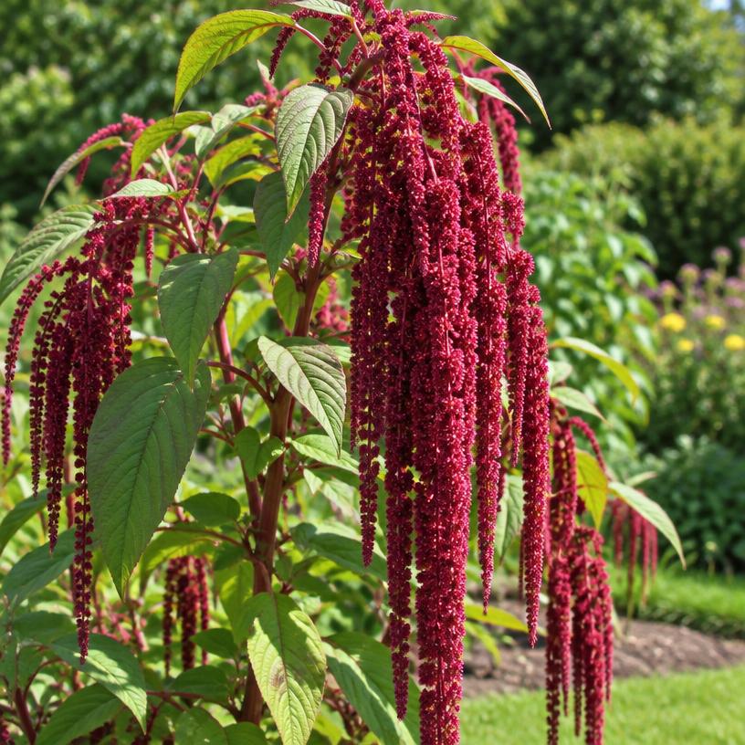 Love-Lies-Bleeding growing in a garden (AI-generated illustration)