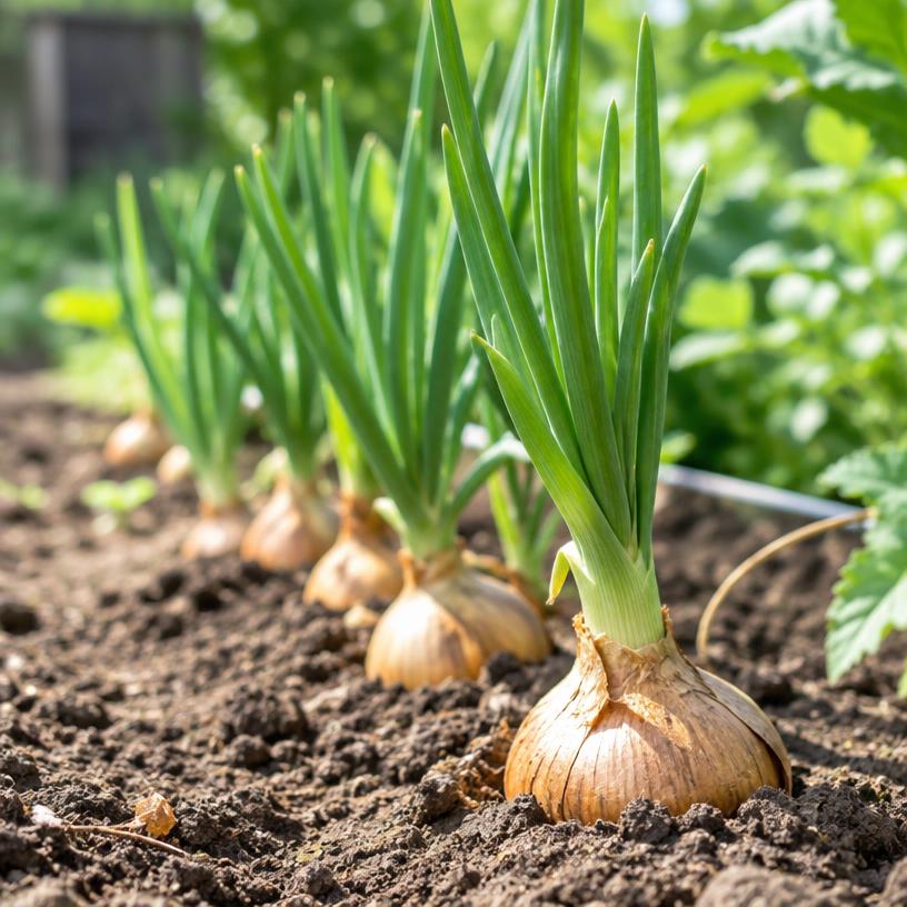 Onion growing in a garden (AI-generated illustration)