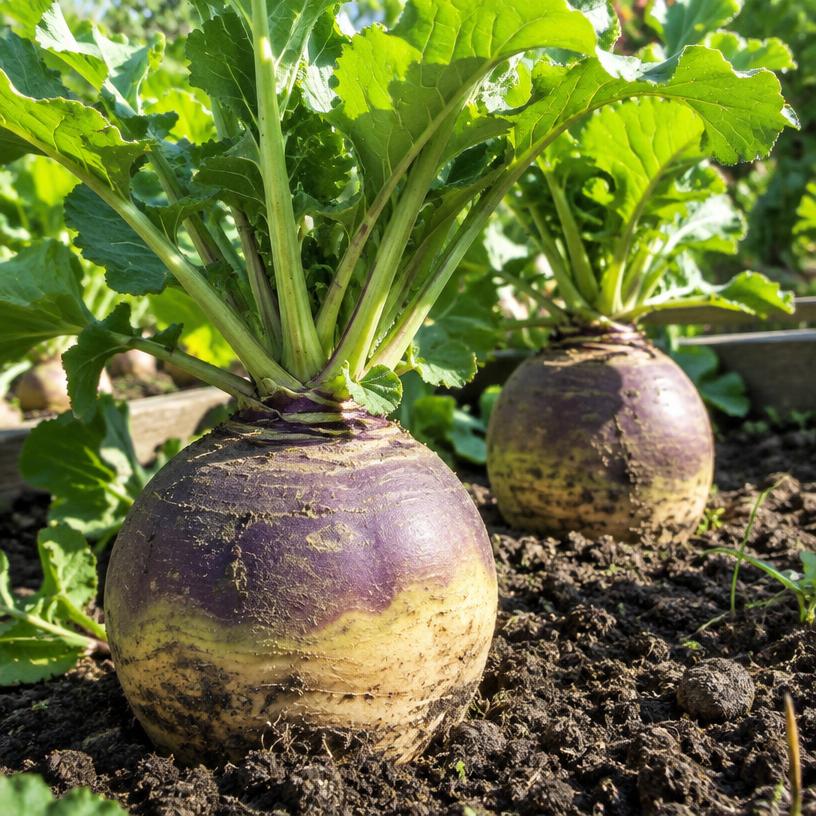 Rutabaga growing in a garden (AI-generated illustration)