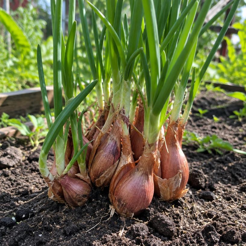 Shallot growing in a garden (AI-generated illustration)