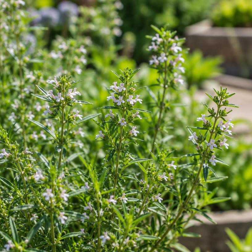Summer Savory growing in a garden (AI-generated illustration)