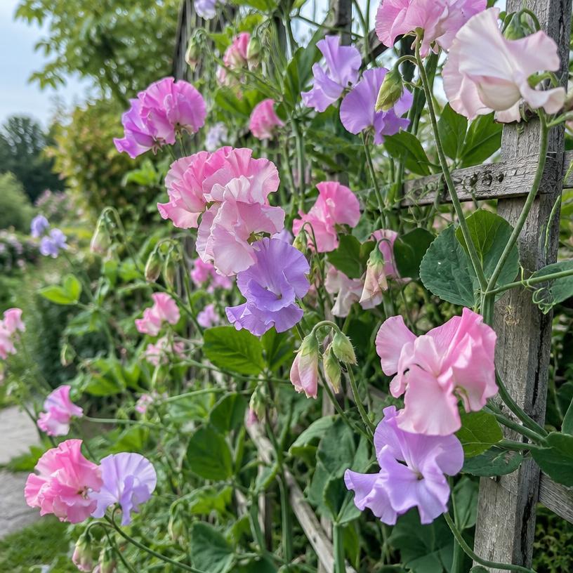 Sweet Pea growing in a garden (AI-generated illustration)