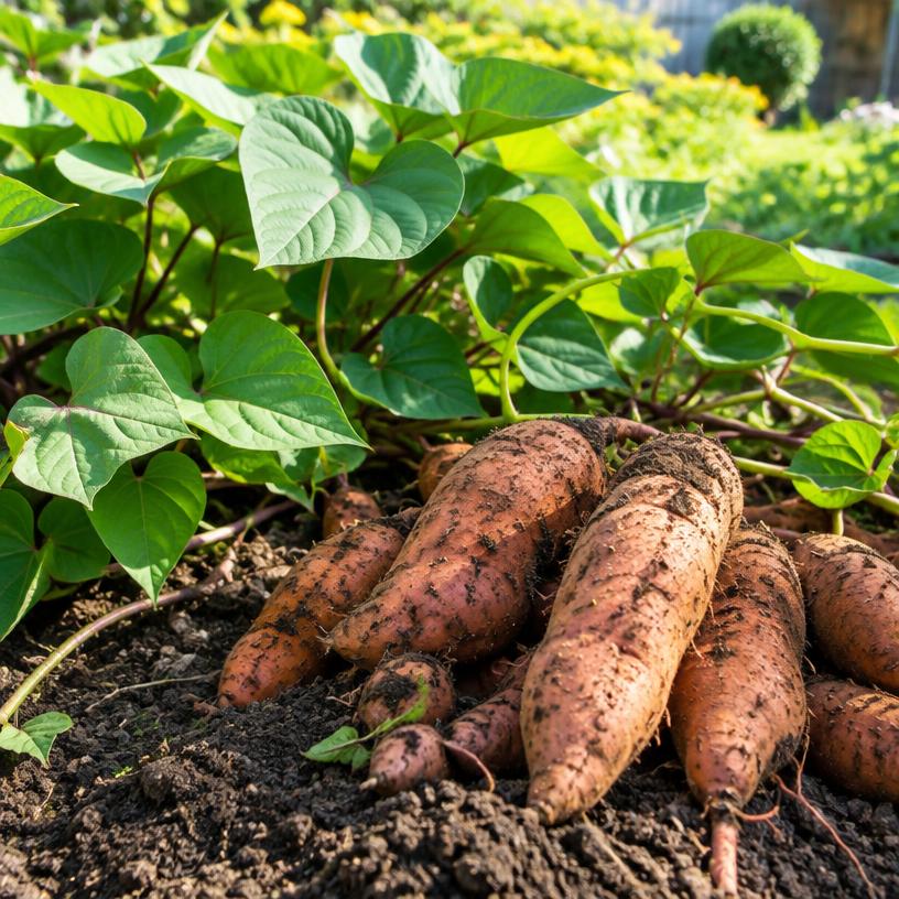 Sweet Potato growing in a garden (AI-generated illustration)
