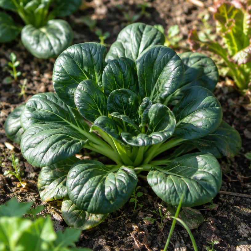 Tatsoi growing in a garden (AI-generated illustration)