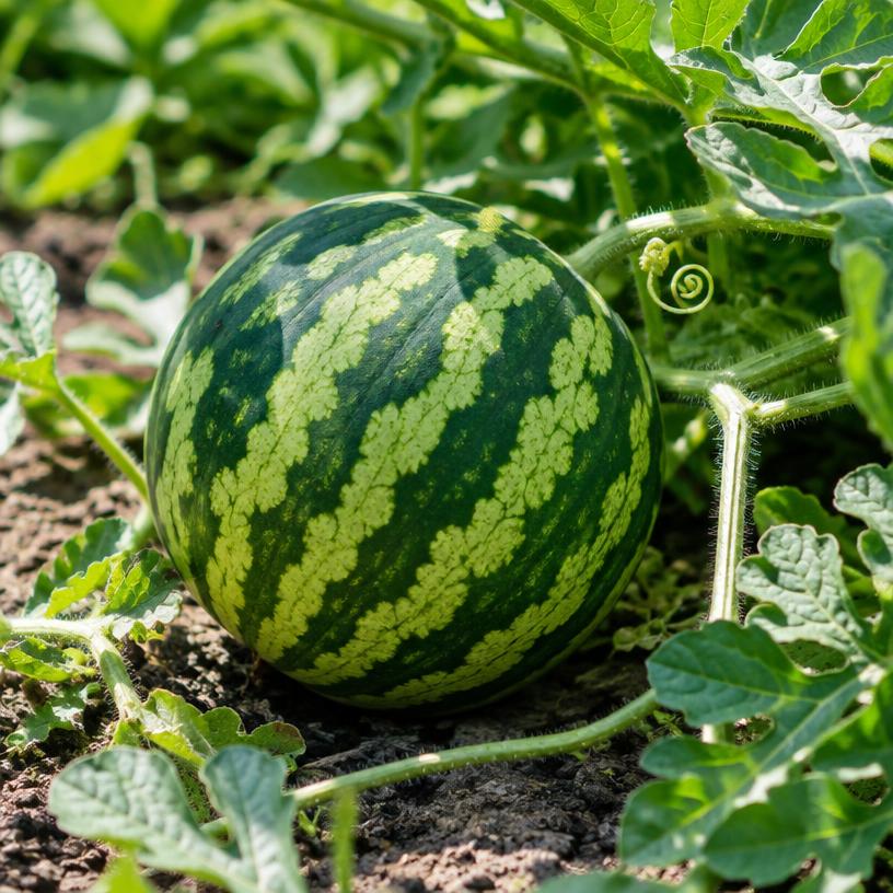 Watermelon growing in a garden (AI-generated illustration)