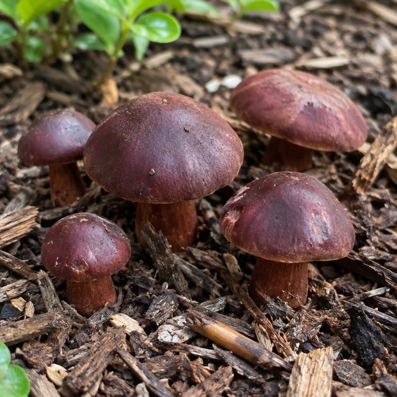 Wine Cap Mushroom growing in a garden (AI-generated illustration)