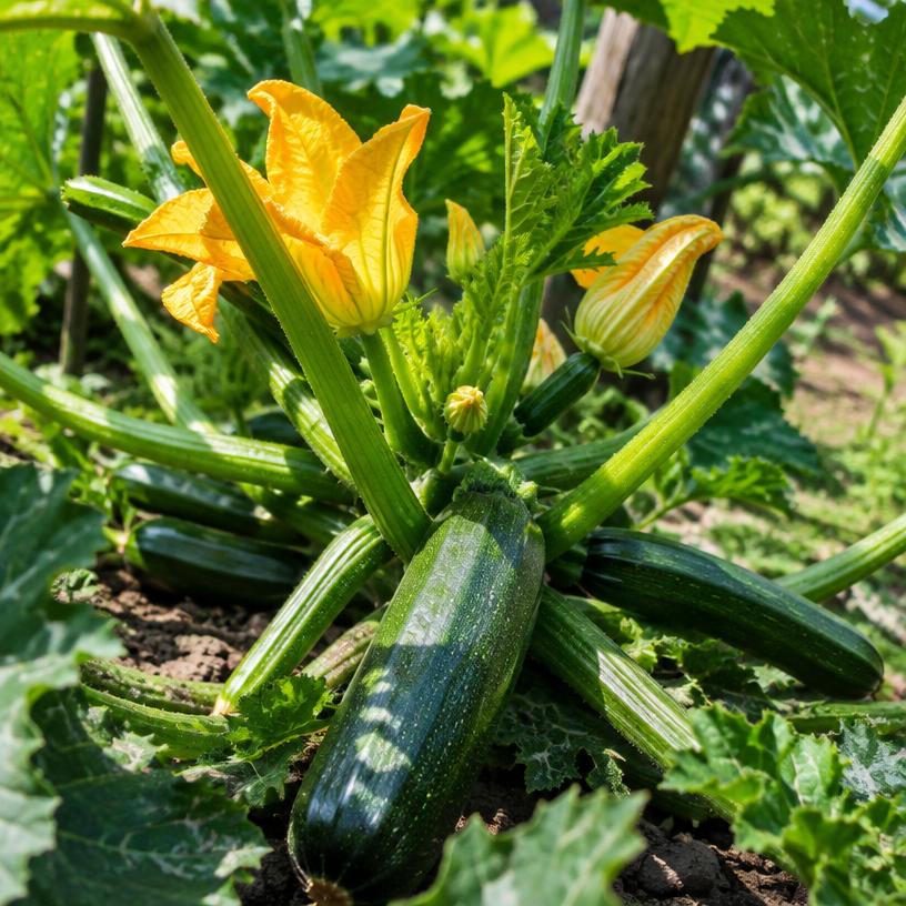 Zucchini growing in a garden (AI-generated illustration)